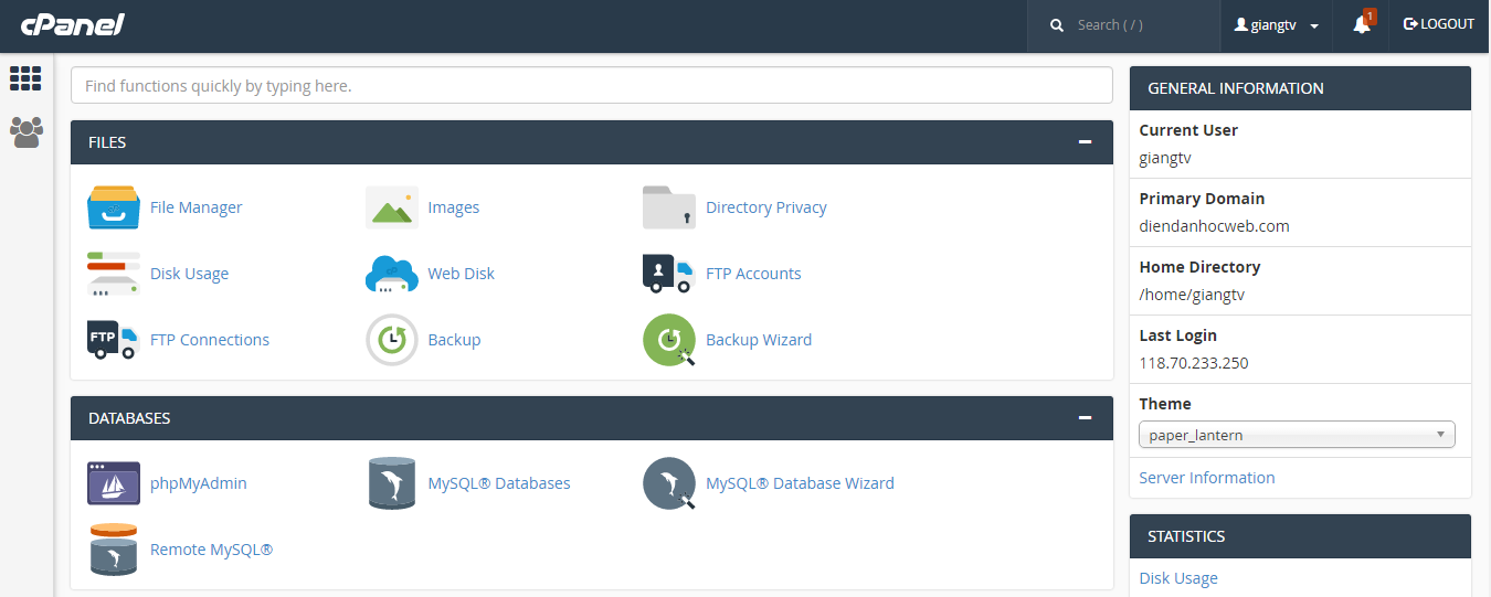 Giao diện tổng quan của Cpanel